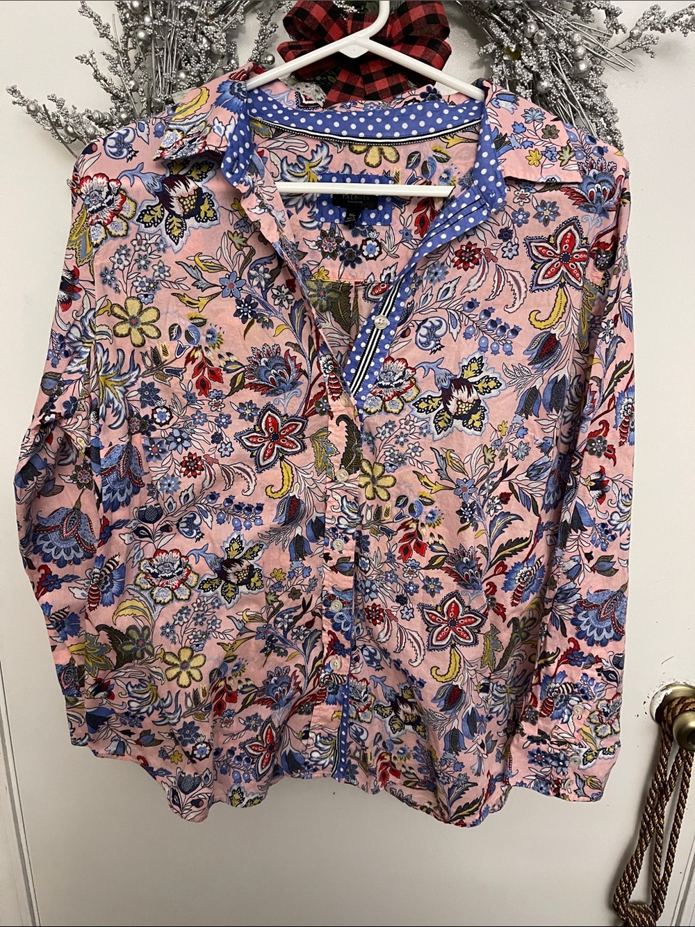 Talbots Pink Multicolor Floral Button-Up Blouse with Blue Trim